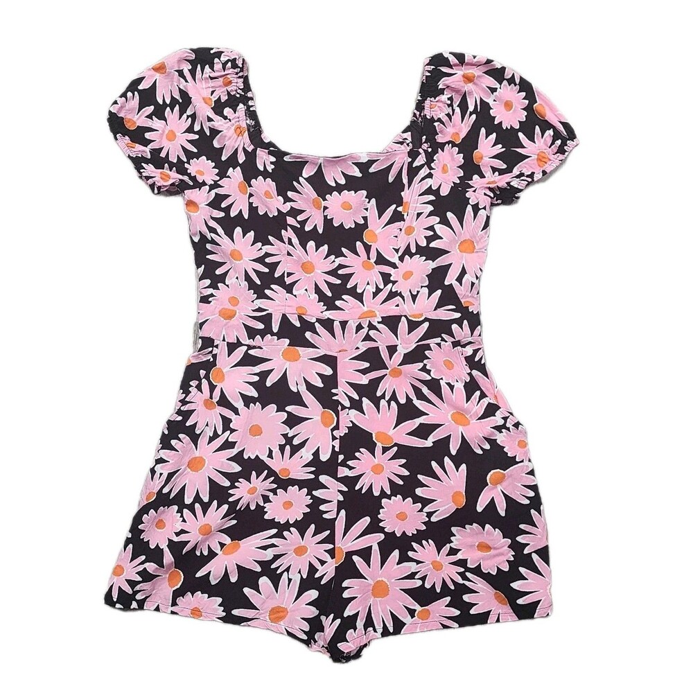 Lily Rose Romper Junior's Black/Pink Floral Cross Back Short Sleeve Medium